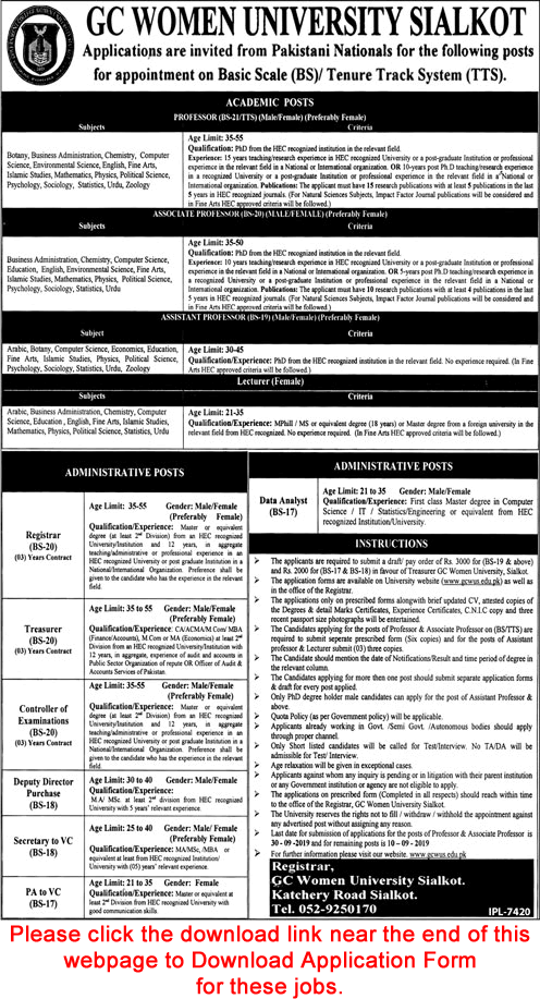 GC Women University Sialkot Jobs 2019 August Application Form Teaching Faculty & Others Latest