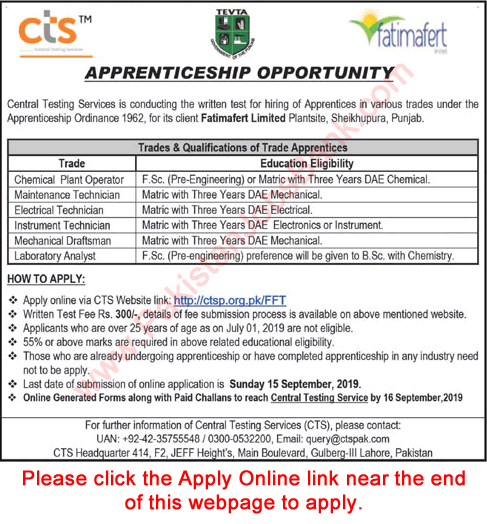 Fatimafert Limited Sheikhupura Apprenticeships 2019 August CTS Apply Online TEVTA Latest