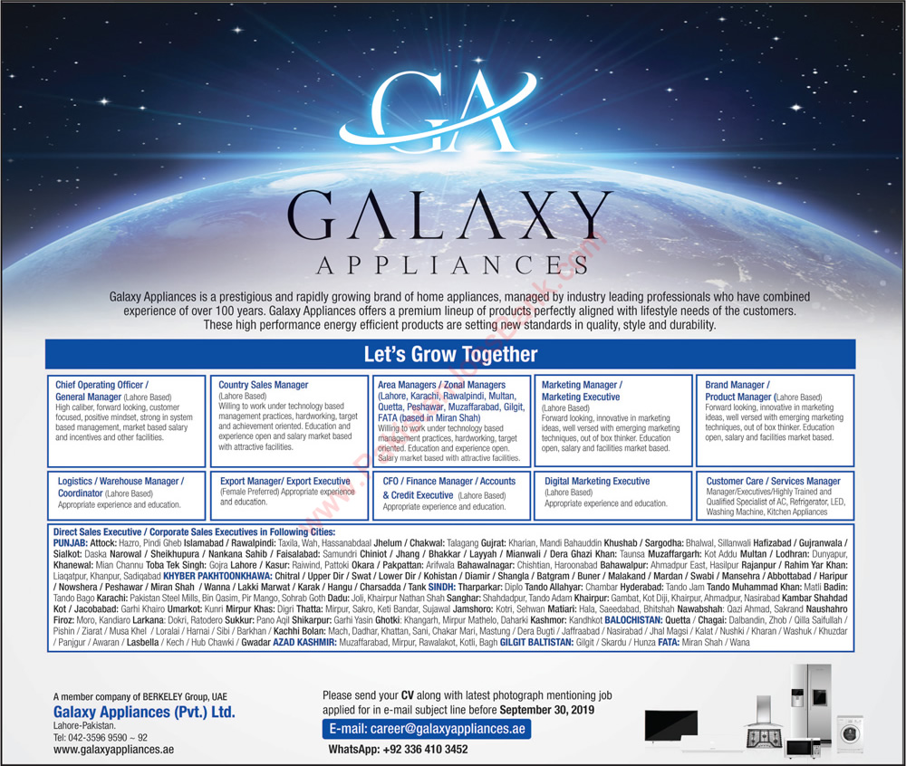 Galaxy Appliances Pakistan Jobs 2019 August / September Sales Executives & Others Latest