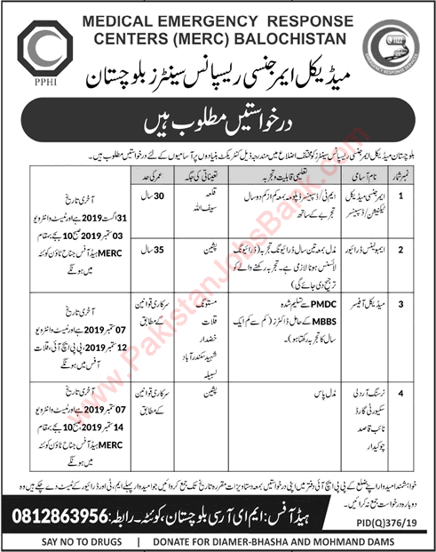 Medical Emergency Response Centers Balochistan Jobs August 2019 September Medical Officers & Others Latest