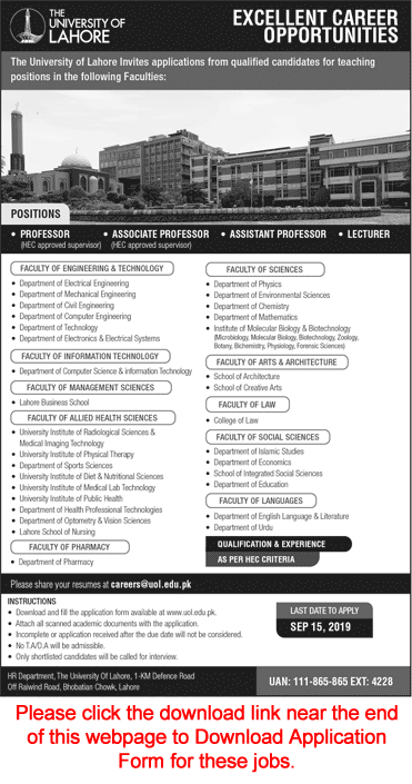 University of Lahore Jobs September 2019 UOL Application Form Teaching Faculty Latest