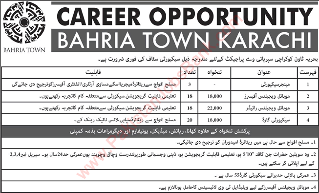 Bahria Town Karachi Jobs September 2019 Mobile Vigilance Officers / Riders & Others Latest