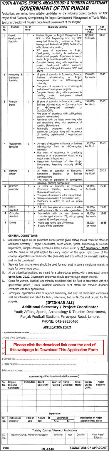 Youth Affairs Sports Archeology and Tourism Department Punjab Jobs September 2019 Application Form Latest