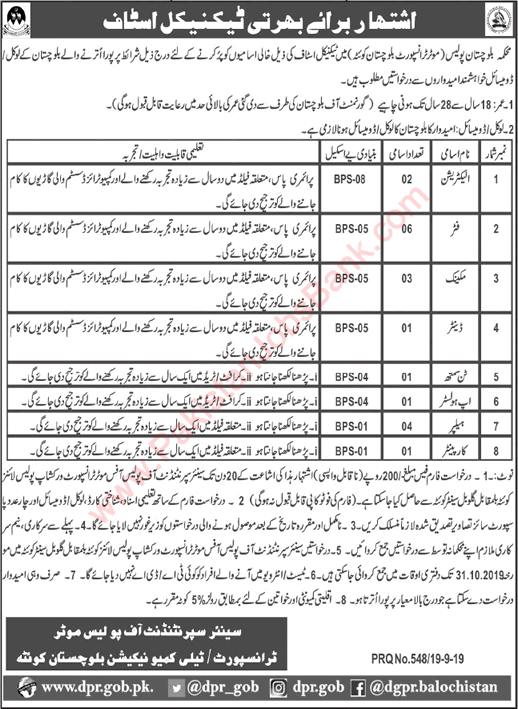 Balochistan Police Jobs September 2019 Quetta Fitters, Helpers & Others Motor Transport Department Latest