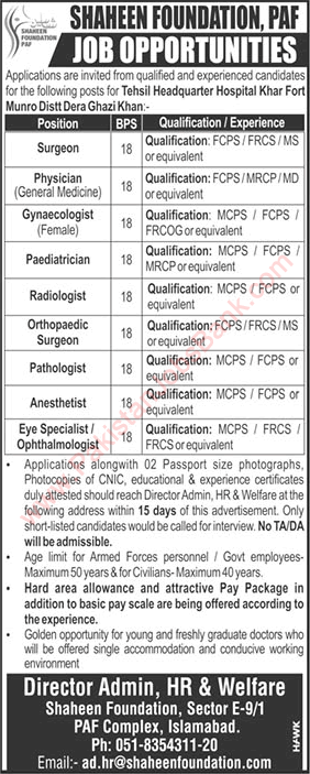 Specialist Doctor Jobs in Shaheen Foundation October 2019 PAF THQ Hospital Khar Latest