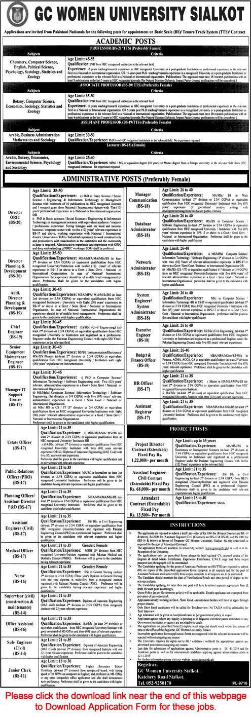 GC Women University Sialkot Jobs October 2019 Application Form Teaching Faculty & Others Latest