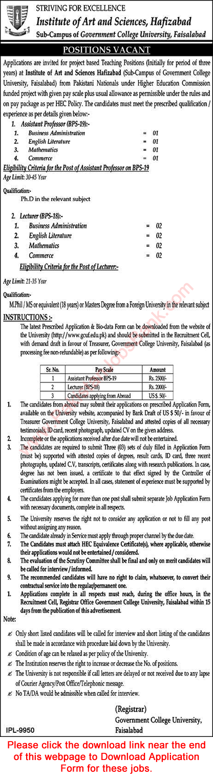 Government College University Faisalabad Jobs October 2019 November Application Form Teaching Faculty & Others Latest