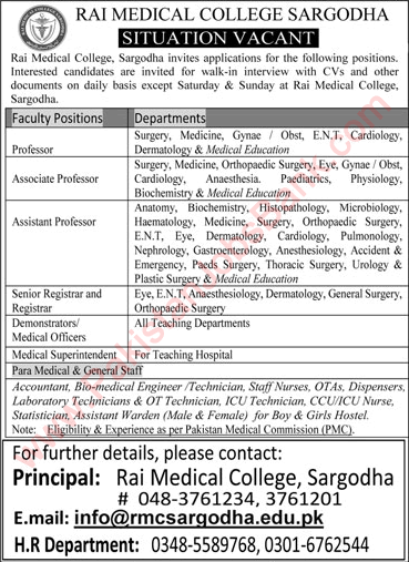 Rai Medical College Sargodha Jobs 2019 November Teaching Faculty & Others Latest