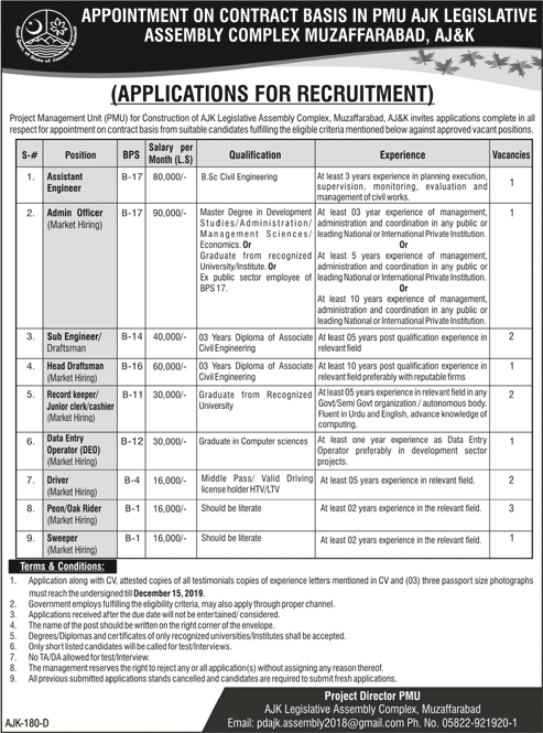 AJK Legislative Assembly Complex Muzaffarabad Jobs 2019 November / December Sub Engineers & Others Latest