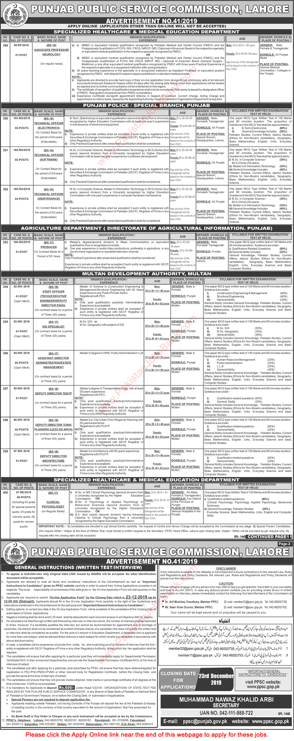 PPSC Jobs December 2019 Apply Online Consolidated Advertisement No 41/2019 Latest