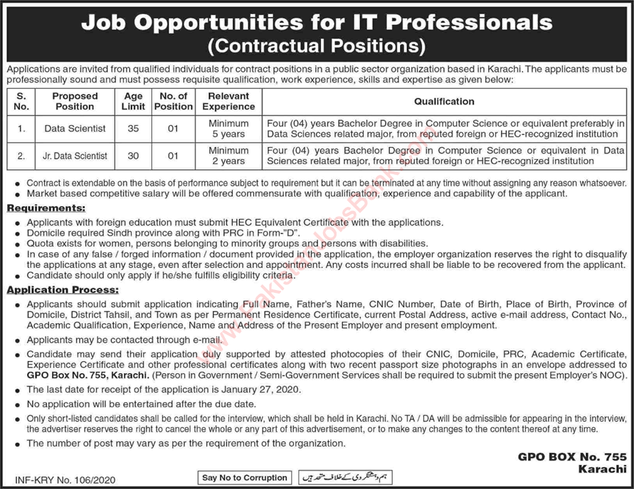 Data Scientist Jobs in PO Box 755 Karachi 2020 January Public Sector Organization Latest