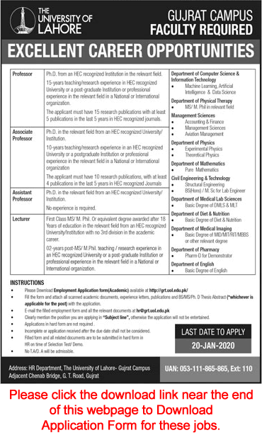 University of Lahore Gujrat Campus Jobs 2020 January Application Form UOL Teaching Faculty Latest