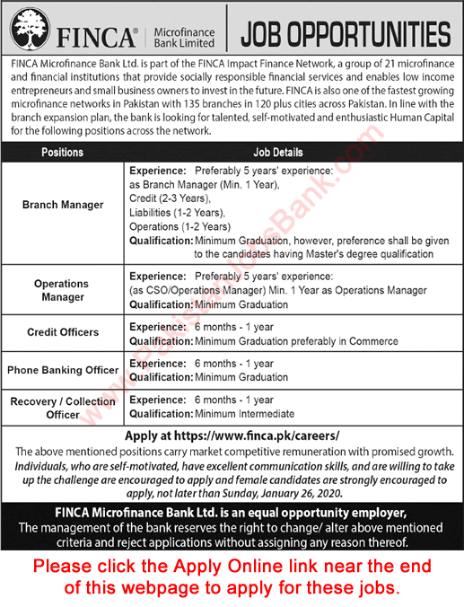 FINCA Microfinance Bank Pakistan Jobs 2020 January Apply Online Credit Officers & Others Latest