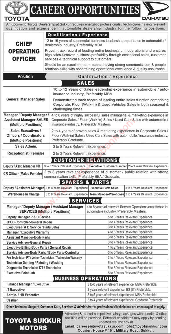 TOYOTA Sukkur Motors Jobs 2020 January Sales Officer , Assistant Managers, Technician & Others Latest