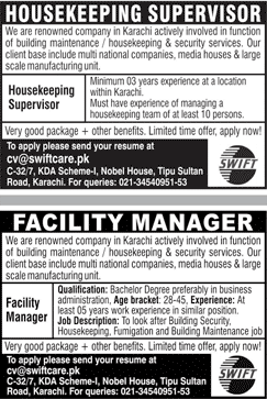 Swift Care Karachi Jobs 2020 April Housekeeping Supervisor & Facility Manager Latest