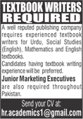 Textbook Writer & Marketing Executive Jobs in Pakistan 2020 April Publishing Company Latest