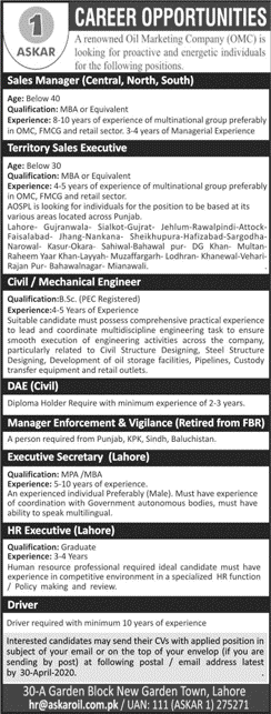 Askar 1 Jobs 2020 April Sales Manager & Others Oil Marketing Company Latest