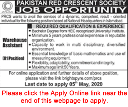 Warehouse Assistant Jobs in Pakistan Red Crescent Society Islamabad April 2020 Apply Online PRCS Latest