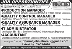 Pharmaceutical Jobs in Lahore 2020 April Accountant, IT Administrator & Others Latest