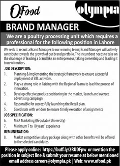 Brand Manager Jobs in Lahore April 2020 at O Food Ltd Company Latest