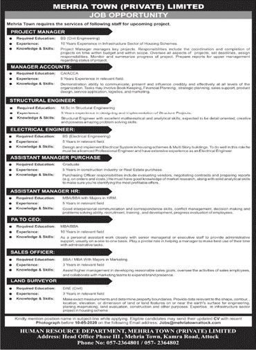 Mehria Town Pvt Ltd Pakistan Jobs 2020 May Accounts Manager, Sales Officer & Others Latest