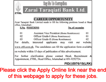 ZTBL Jobs May 2020 Apply Online Zarai Taraqiati Bank Limited Latest