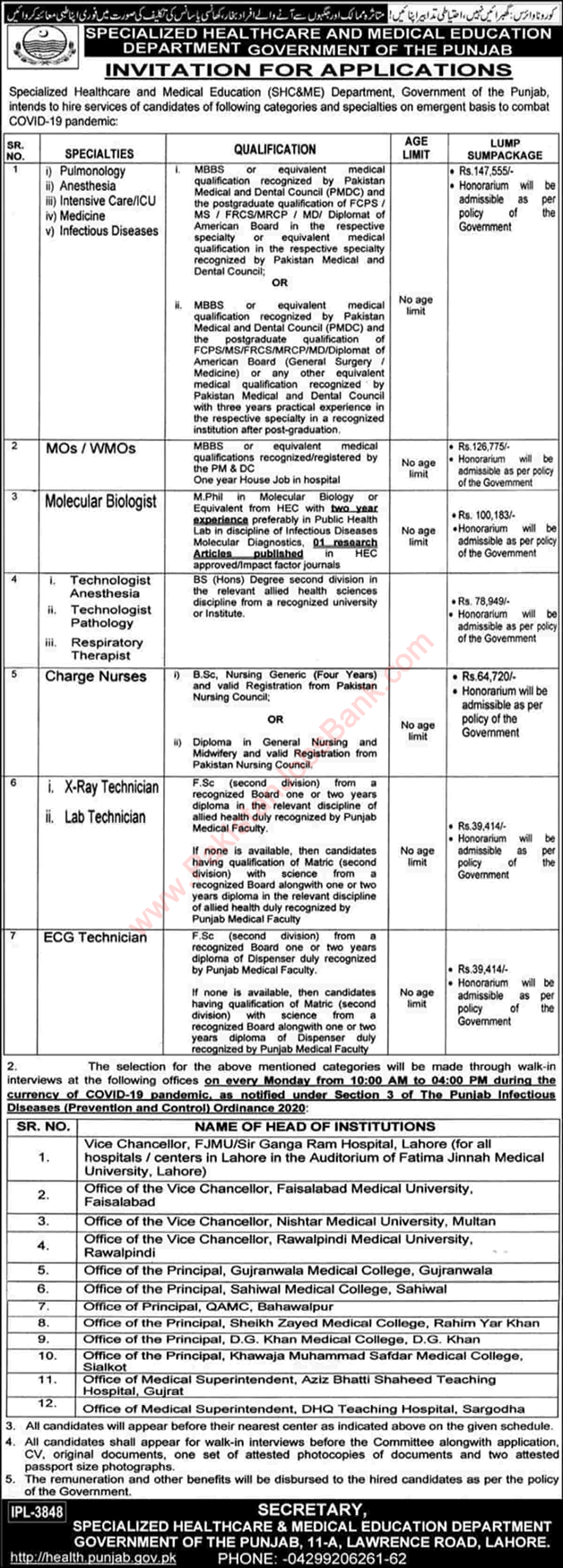 Specialized Healthcare and Medical Education Department Jobs May 2020 Medical Officers / Specialists , Nurses & Others Latest