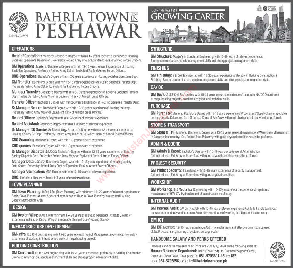 Bahria Town Peshawar Jobs 2020 May General Managers, CRO & Others Latest