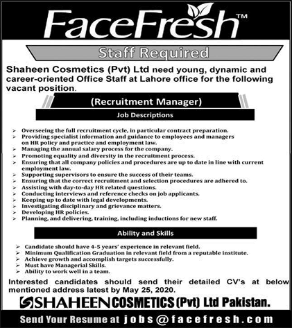 Recruitment Manager Jobs in Shaheen Cosmetics Pvt Ltd Lahore 2020 May Face Fresh Latest
