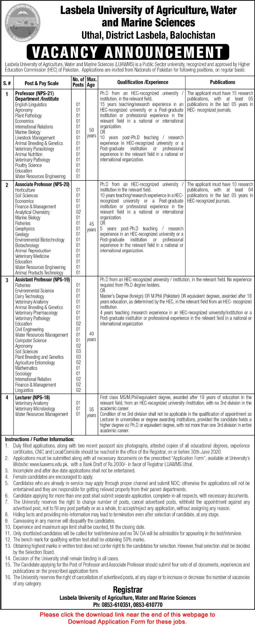LUAWMS University Uthal Jobs 2020 May / June Teaching Faculty Application Form Latest