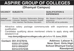 Lecturer Jobs in Rawalpindi May 2020 June Aspire Group of Colleges Dhamyal Campus Latest