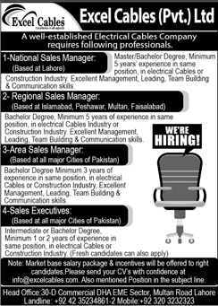Excel Cables Pvt Ltd Pakistan Jobs 2020 May / June Sales Managers & Executives Latest