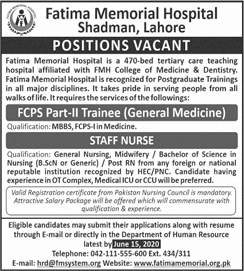 Fatima Memorial Hospital Shadman Lahore Jobs 2020 May / June FCPS Trainee & Nurse Latest