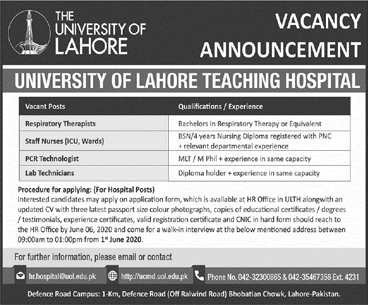 University of Lahore Teaching Hospital Jobs May 2020 June UOL Staff Nurses & Others Latest