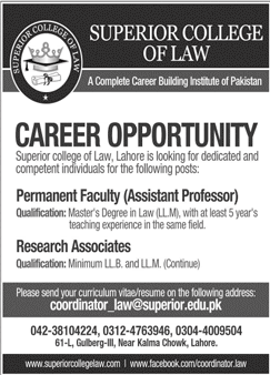 Superior College of Law Lahore Jobs 2020 June Assistant Professor & Research Associate Latest