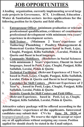 Community Mobilizers, Caretakers & Other Jobs in Balochistan 2020 June Latest