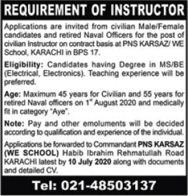 Instructor Jobs in PNS Karsaz Karachi 2020 June WE School Latest