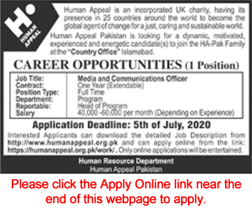 Media and Communication Officer Jobs in Human Appeal Islamabad 2020 June Apply Online Latest