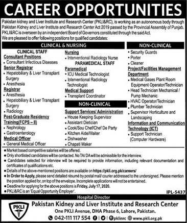 Pakistan Kidney and Liver Institute Jobs June 2020 PKLI Medical Specialists, Technicians & Others Latest