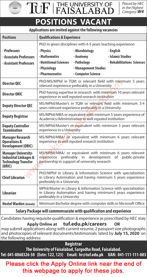 University of Faisalabad Jobs 2020 July Apply Online Teaching Faculty & Others Latest