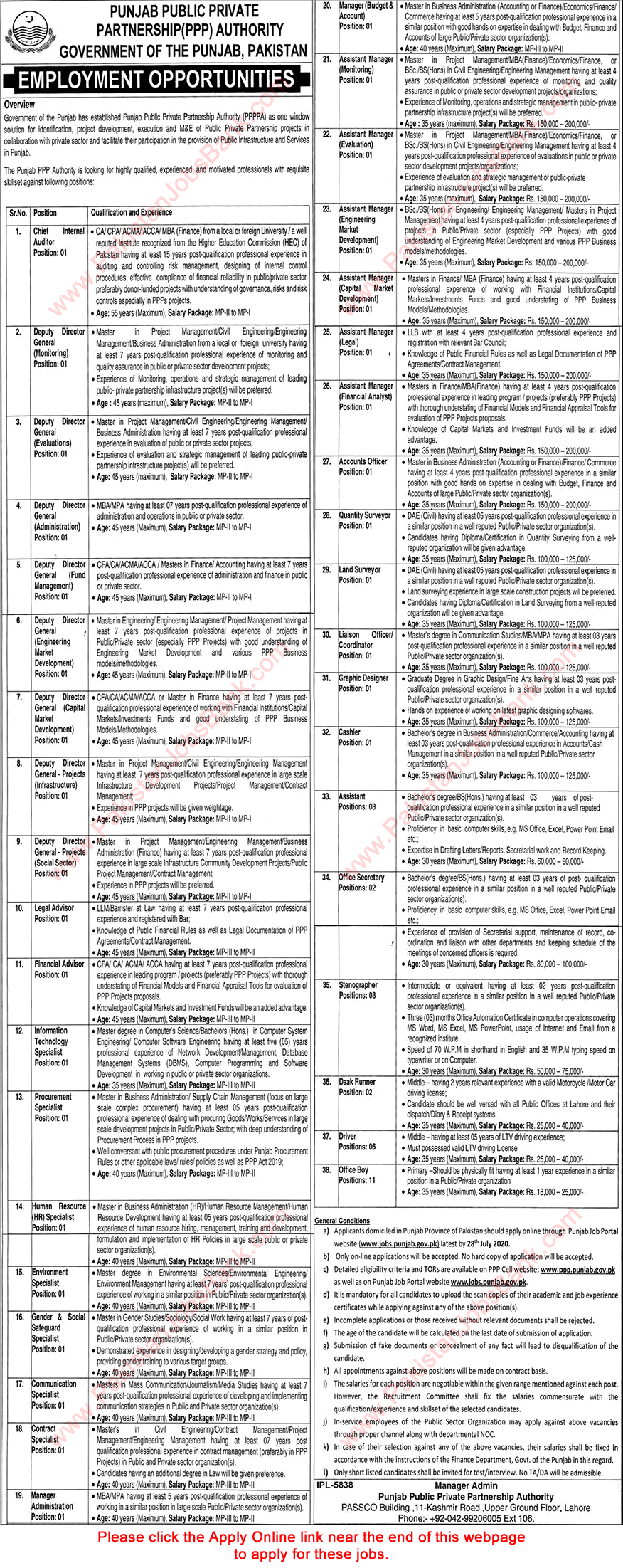 Punjab Public Private Partnership Authority Jobs 2020 July Apply Online Assistant Managers, Deputy Directors & Others Latest