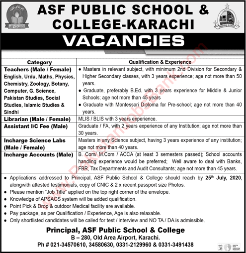 ASF Public School and College Karachi Jobs 2020 July Teachers & Others Latest