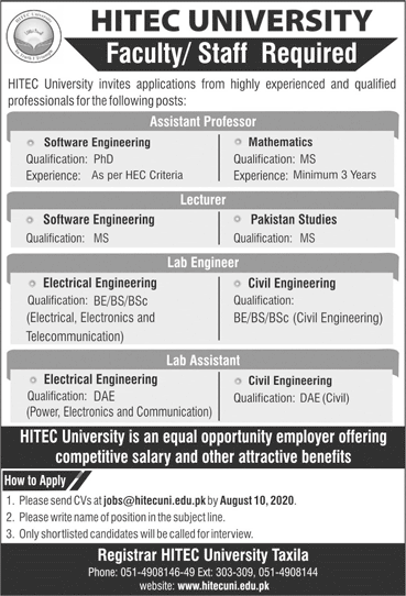 HITEC University Taxila Jobs July 2020 Teaching Faculty, Lab Assistant & Engineers Latest