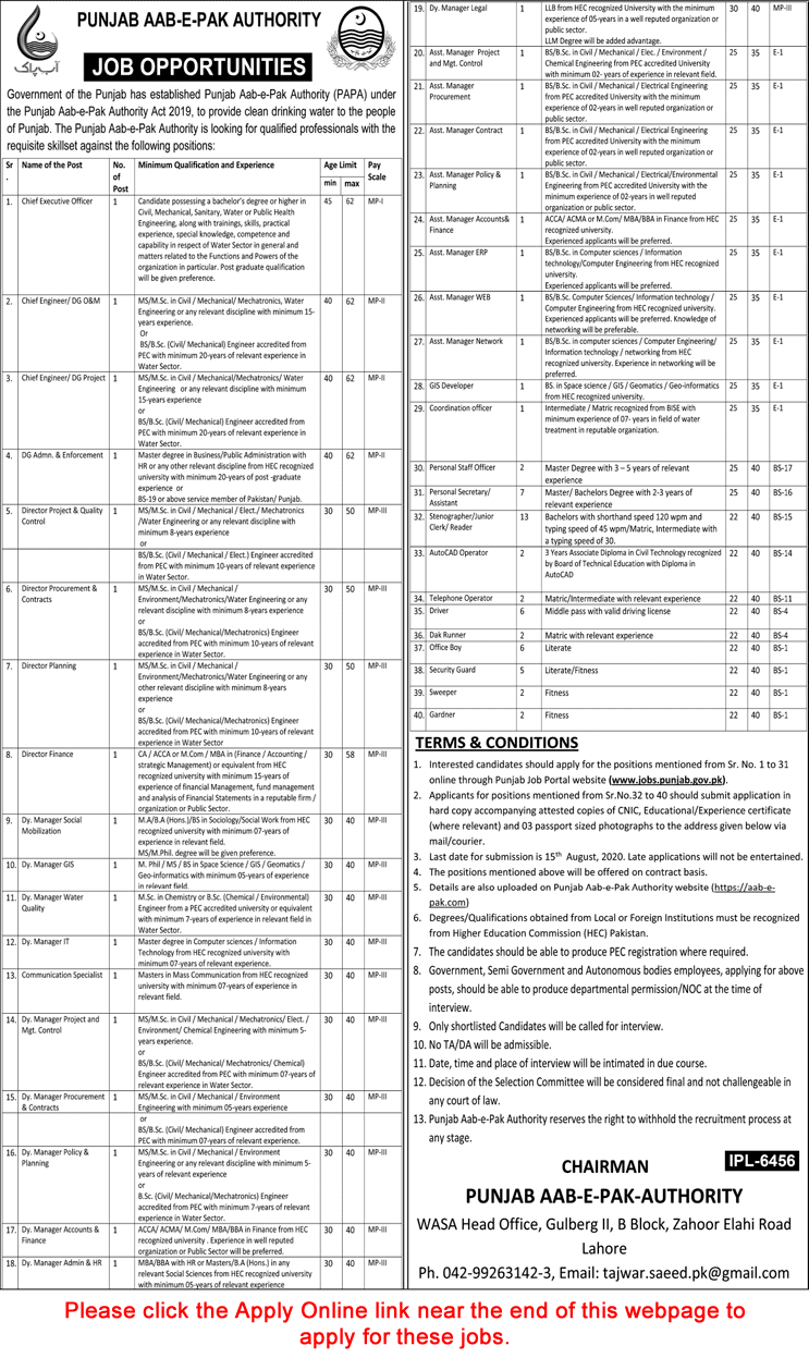 Punjab Aab e Pak Authority Jobs 2020 July / August Apply Online Assistant / Deputy Managers & Others Latest