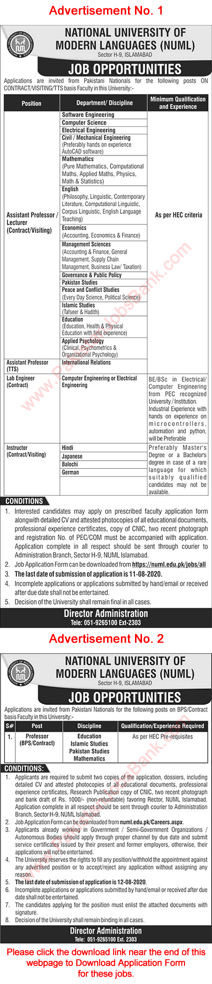 NUML University Islamabad Jobs July 2020 August Application Form Teaching Faculty & Lab Engineer Latest
