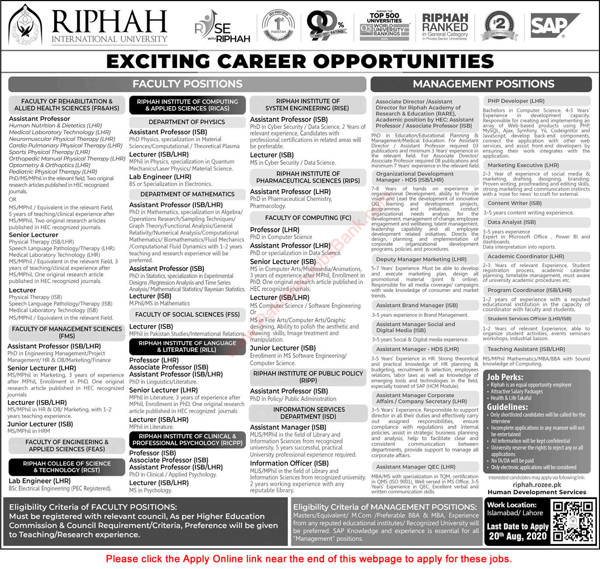 Riphah International University Jobs August 2020 RIU Lahore / Islamabad Apply Online Latest