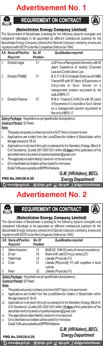 Energy Department Balochistan Jobs 2020 September Drivers & Others Latest