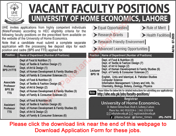 Teaching Faculty Jobs in University of Home Economics Lahore 2020 September Application Form Latest