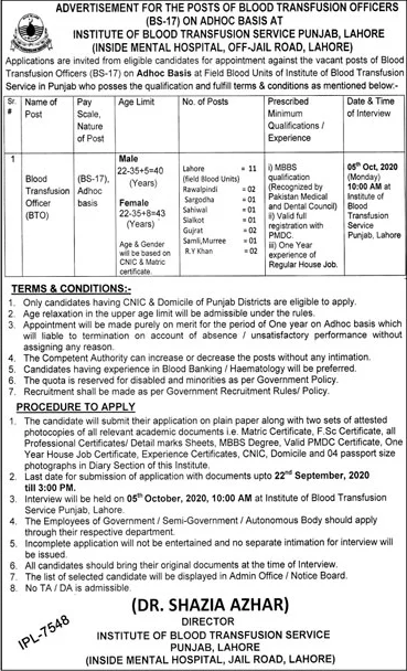 Blood Transfusion Officer Jobs in Institute of Blood Transfusion Service Punjab 2020 September Latest