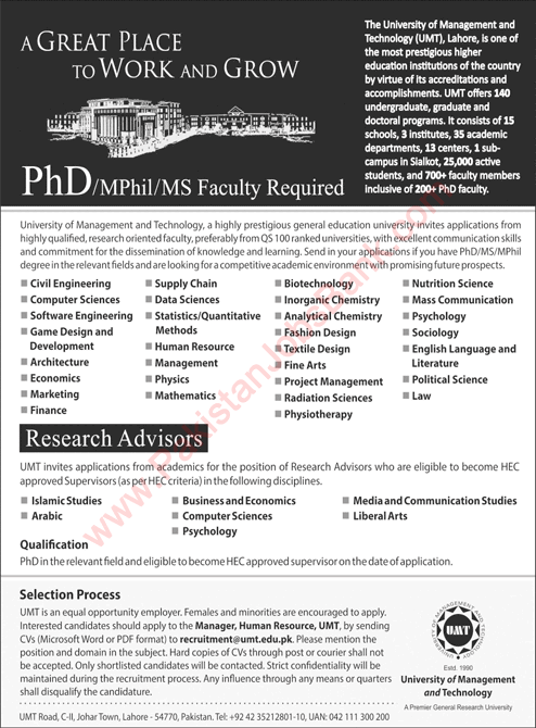 University of Management and Technology Lahore Jobs September 2020 UMT Teaching Faculty & Research Advisors Latest